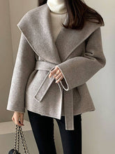 Aurohaya Wool-Look Short Belted Coat Oversized Women’s Casual Blouson with Pockets